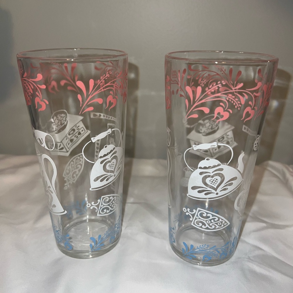 Vintage Hazel Atlas Pink White Blue Kitchen Water Glasses